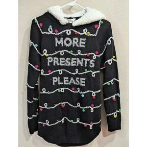 Women's Christmas sweater hoodie "More Presents Please" by No Boundaries size L